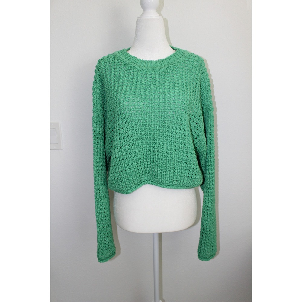 AQUA Women's Green Chunky Open‎ Knit Cropped Crewneck Sweater Small
